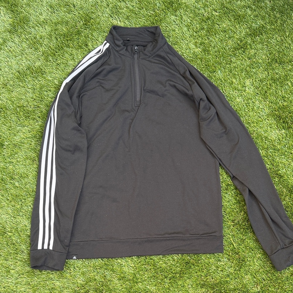 Adidas Mens medium Black Quarter-Zip Pullover with White Stripes on 1 sleeve